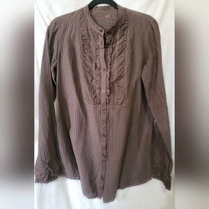 FREE PEOPLE Dark Brown Ruffled Front Button Down Shirt Brown Sz L Cotton Boho